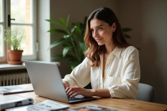 Femme parcourant un site de magazines en ligne depuis son bureau à domicile, illustrant l'achat de magazines numériques