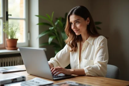 Femme parcourant un site de magazines en ligne depuis son bureau à domicile, illustrant l'achat de magazines numériques