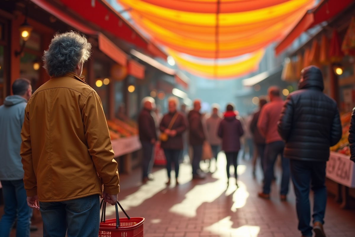 Client seul sous auvents colorés attendant dans une file d
