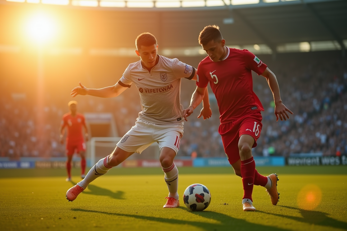 Joueurs de football en action intense au coucher du soleil