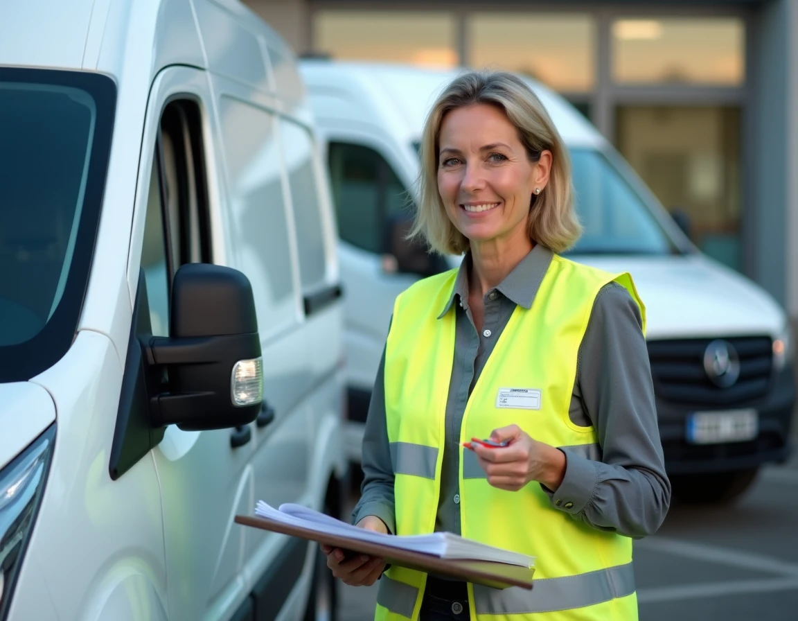 Responsable de location ACV Locations vérifiant un contrat de location de camionnette dans un dépôt de véhicules