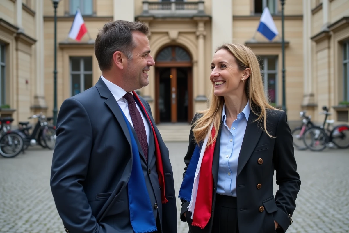Deux élus municipaux adjoints au maire devant les marches d'une mairie française en pierre avec drapeaux tricolores