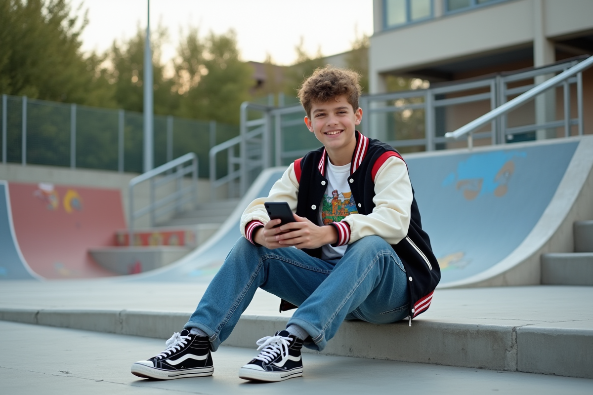 Adolescent assis dans un skatepark moderne
