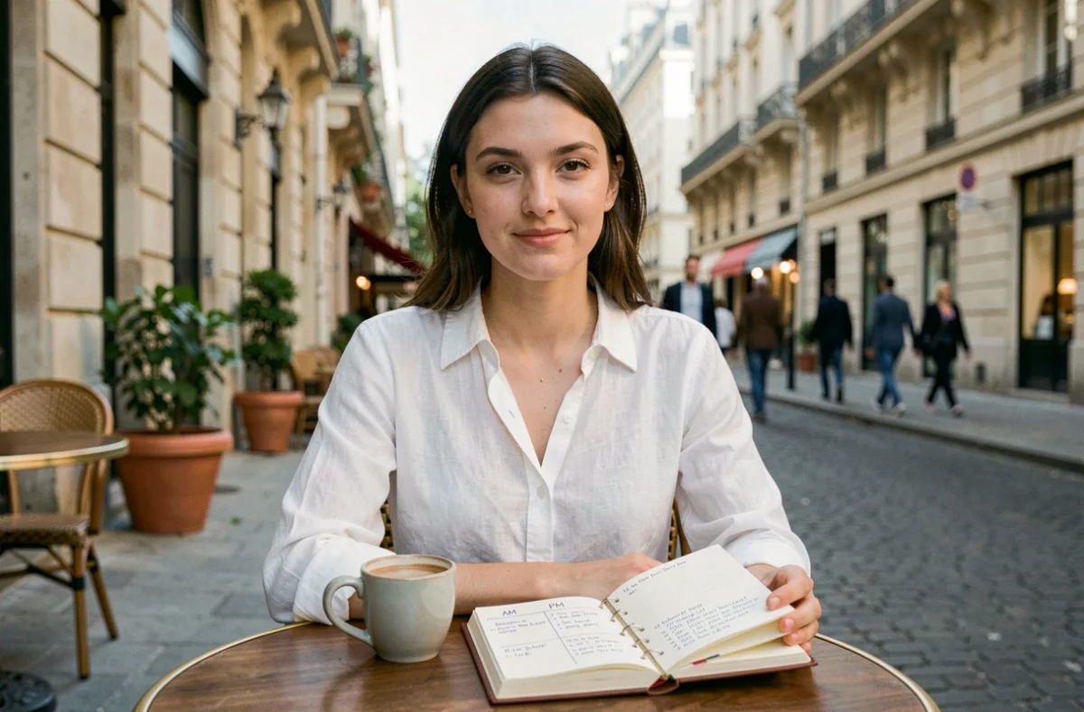 Jeune femme consultant son agenda avec des créneaux horaires AM et PM notés dans un café parisien