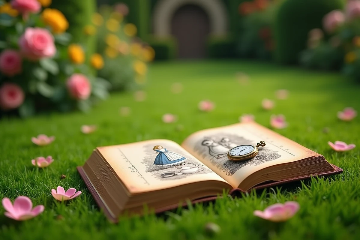 Alice au pays des merveilles de Lewis Carroll ouvert dans un jardin fleuri anglais avec une montre de poche et une tasse de thé