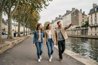 Groupe d'amis se promenant le long d'un quai de rivière à Cholet pour sortir sans dépenser