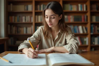 Jeune femme analysant des didascalies dans un manuscrit de théâtre dans une bibliothèque universitaire