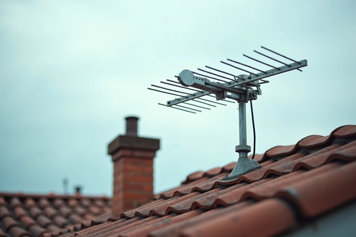 Antenne UHF de type Yagi installée sur une cheminée de maison individuelle avec câble coaxial TNT visible