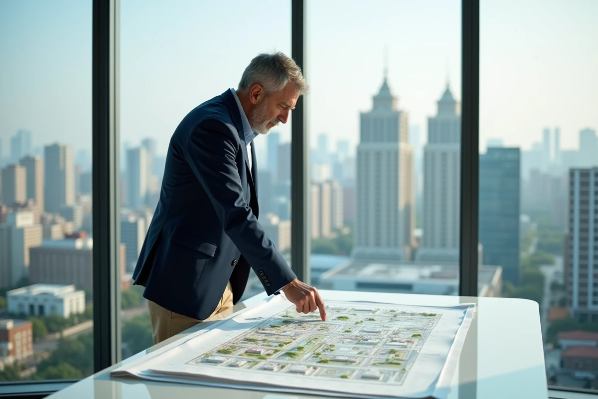 Architecte homme examinant un plan urbain dans un bureau moderne