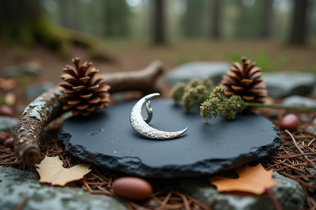 Composition symbolique avec croissant de lune, herbes séchées et bois de cerf évoquant les attributs d'Artémis