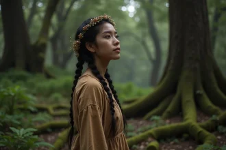 Jeune femme en tenue de lin au bord d'une forêt ancienne, symbolisant Artémis déesse de la nature sauvage