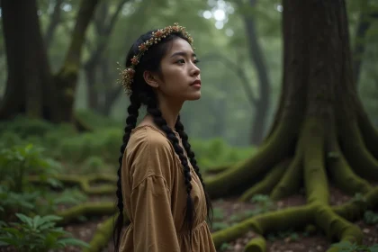 Jeune femme en tenue de lin au bord d'une forêt ancienne, symbolisant Artémis déesse de la nature sauvage