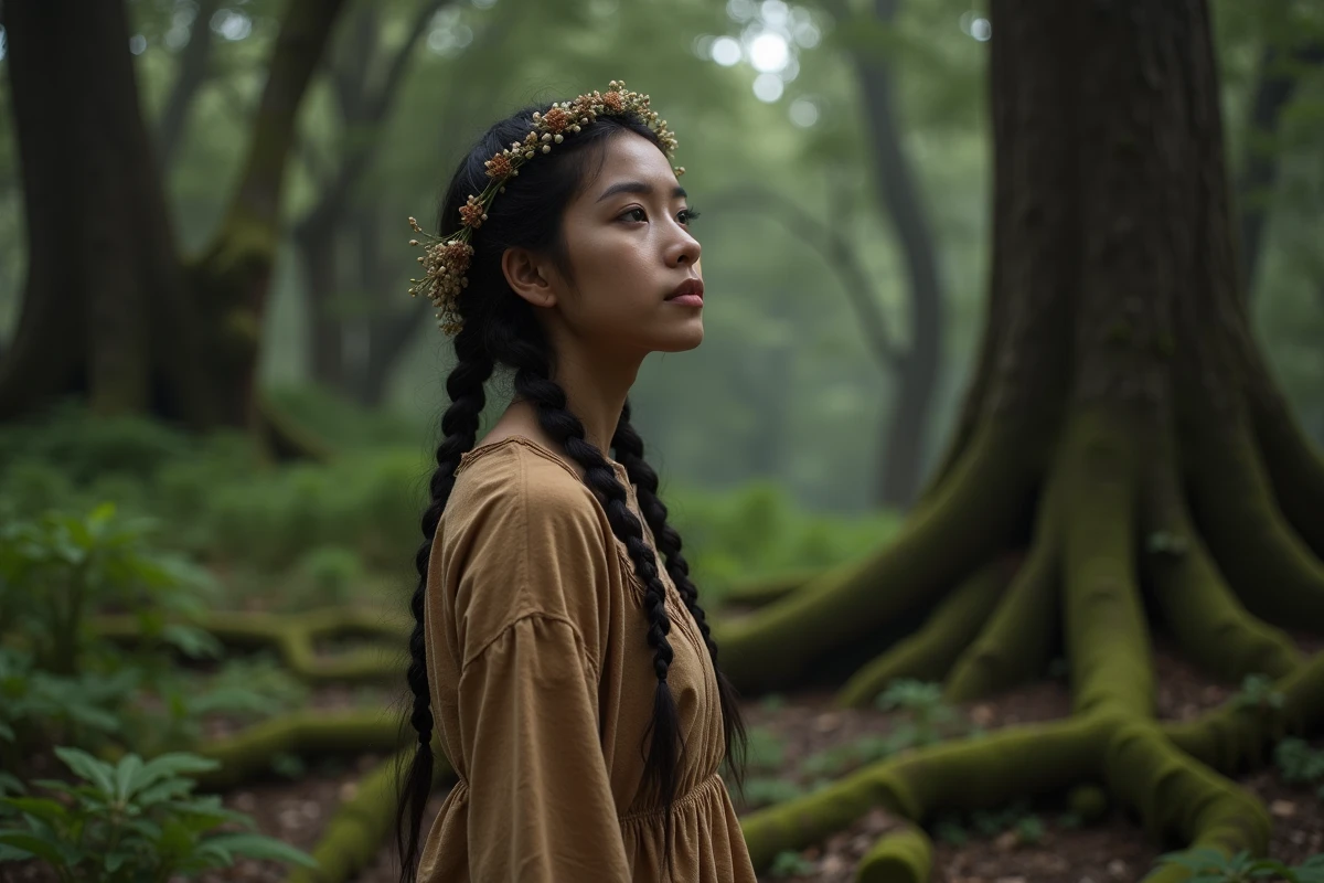 Jeune femme en tenue de lin au bord d'une forêt ancienne, symbolisant Artémis déesse de la nature sauvage
