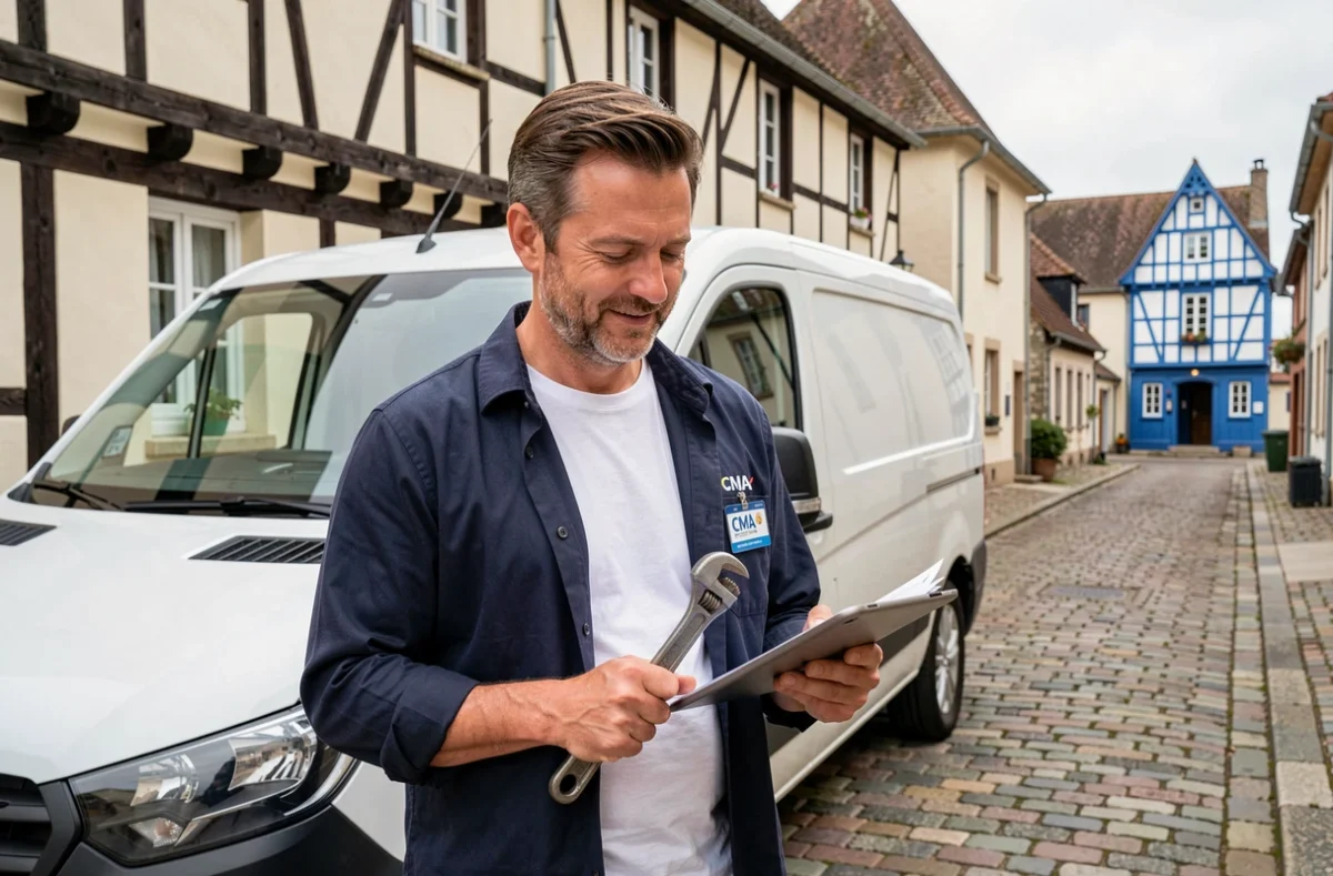 Artisan plombier référencé par la CMA de Normandie devant son véhicule dans une rue pavée d'un bourg normand