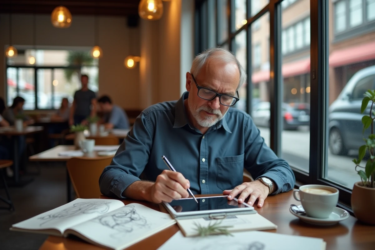 Artiste dessinant sur une tablette dans un café animé