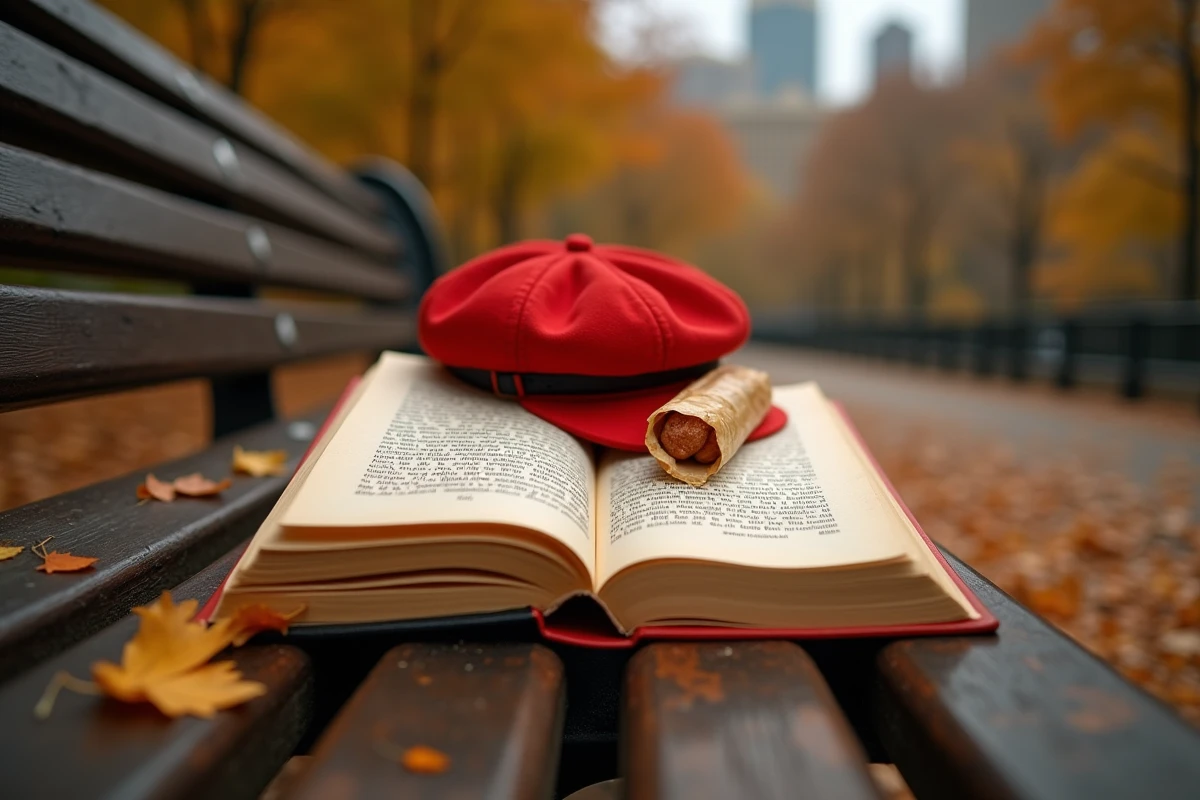 L'Attrape-cœurs de Salinger ouvert sur un banc de parc en automne avec une casquette de chasse rouge et des feuilles mortes