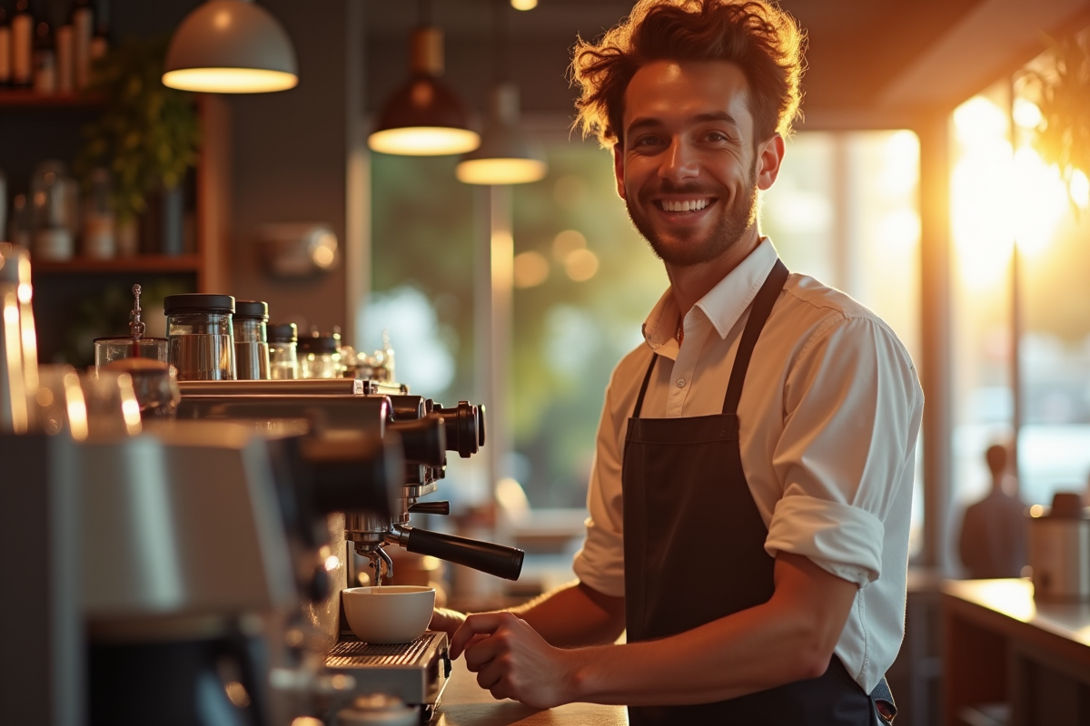 Jeune barista préparant un café dans un café ensoleille