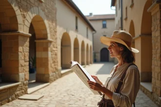 Femme consultant une carte du patrimoine sous les arcades d'une bastide médiévale en Gascogne