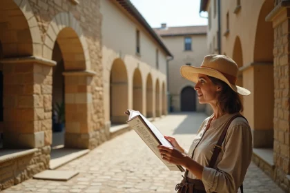 Femme consultant une carte du patrimoine sous les arcades d'une bastide médiévale en Gascogne