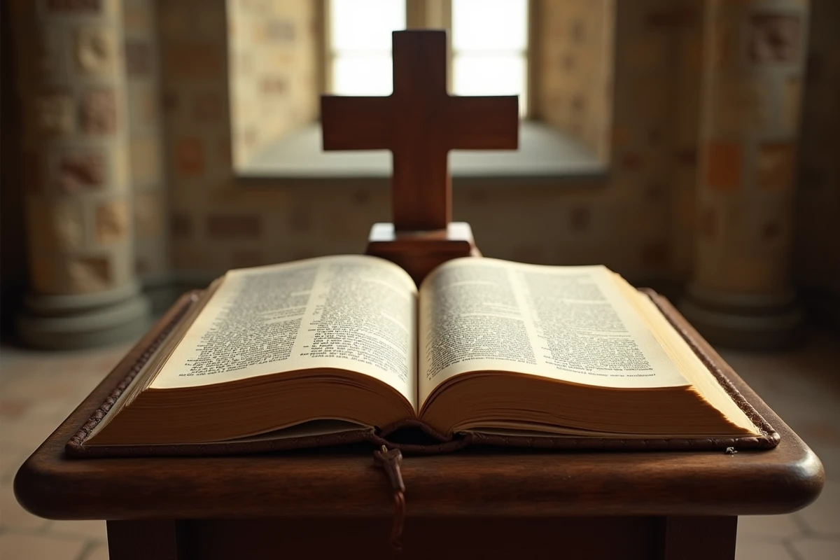 Une Bible ancienne reliée en cuir posée ouverte sur un lutrin en bois dans une chapelle en pierre