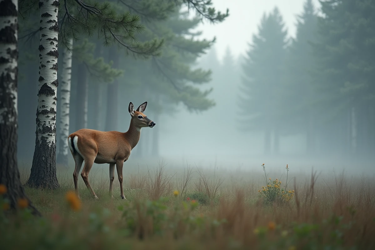 Biche dans une clairière brumeuse en forêt, symbole sacré d'Artémis et de la faune sauvage intouchée