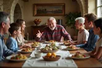 Grand-père racontant une blague de beauf autour d'un repas de famille dominical, générant rires et sourires gênés parmi les convives multigénérationnels