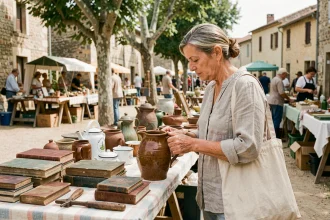 Femme examinant une cruche ancienne sur un stand de brocante en plein air en Aveyron