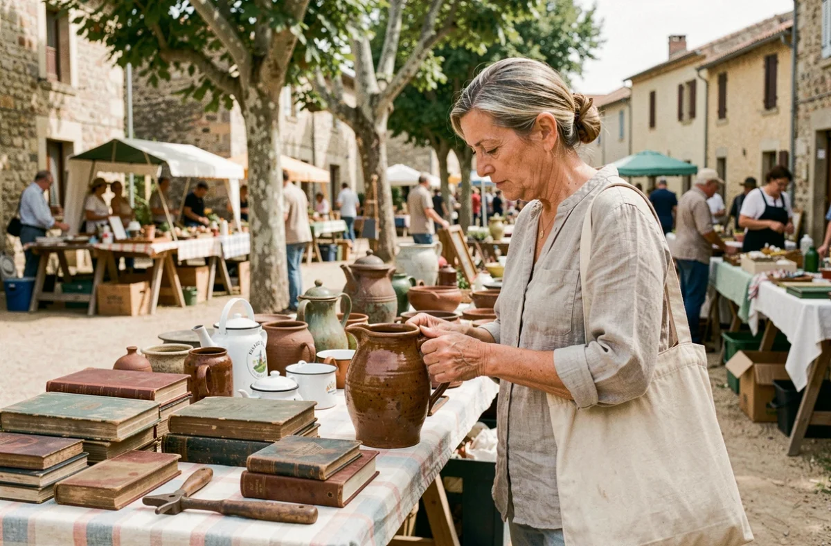 Femme examinant une cruche ancienne sur un stand de brocante en plein air en Aveyron
