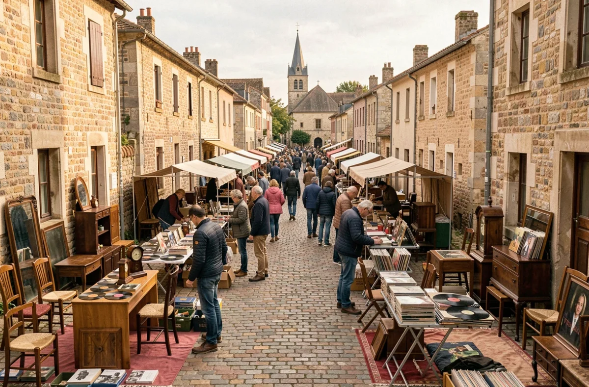 Vue panoramique d'une brocante de village en Aveyron avec des étals d'objets anciens le long d'une rue pavée