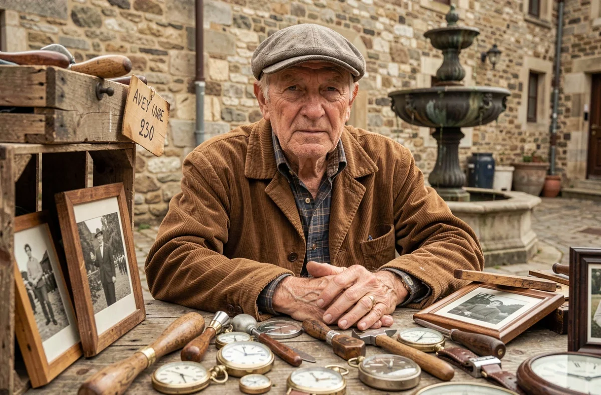 Vendeur âgé assis derrière son stand de brocante avec des outils anciens et des montres de poche en Aveyron