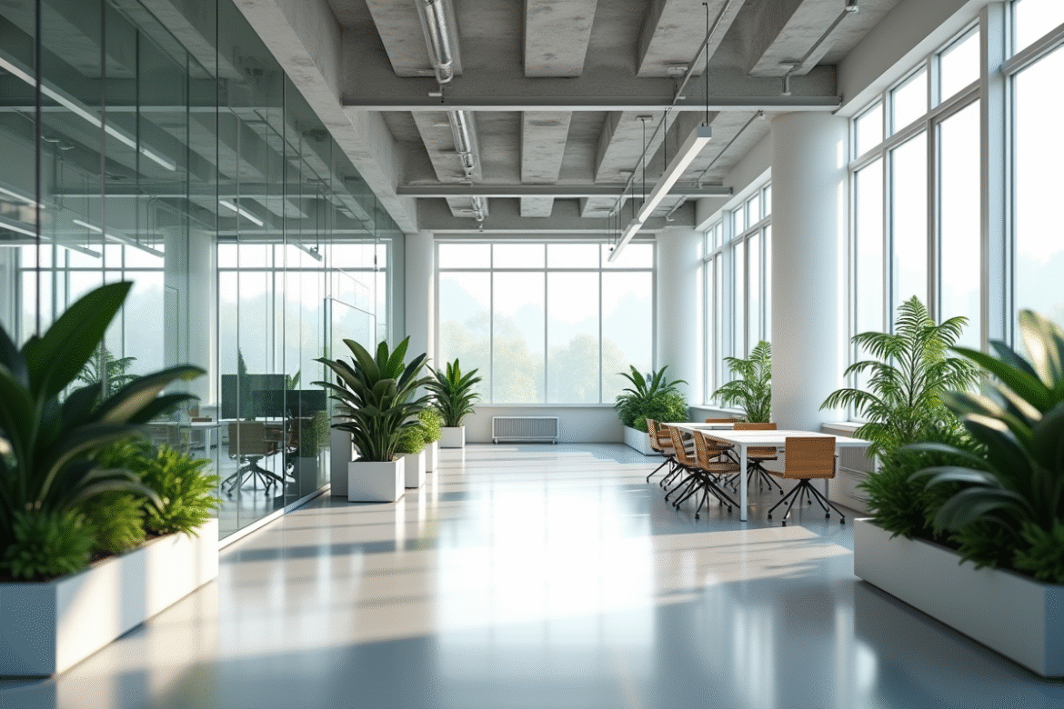 Intérieur d'un bureau moderne avec zones de travail séparées