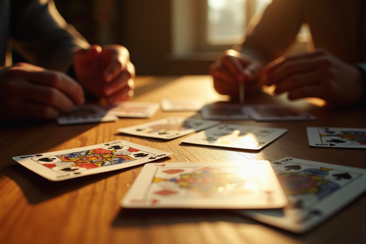 Gros plan sur les cartes de crapette sur la table en lumière chaude