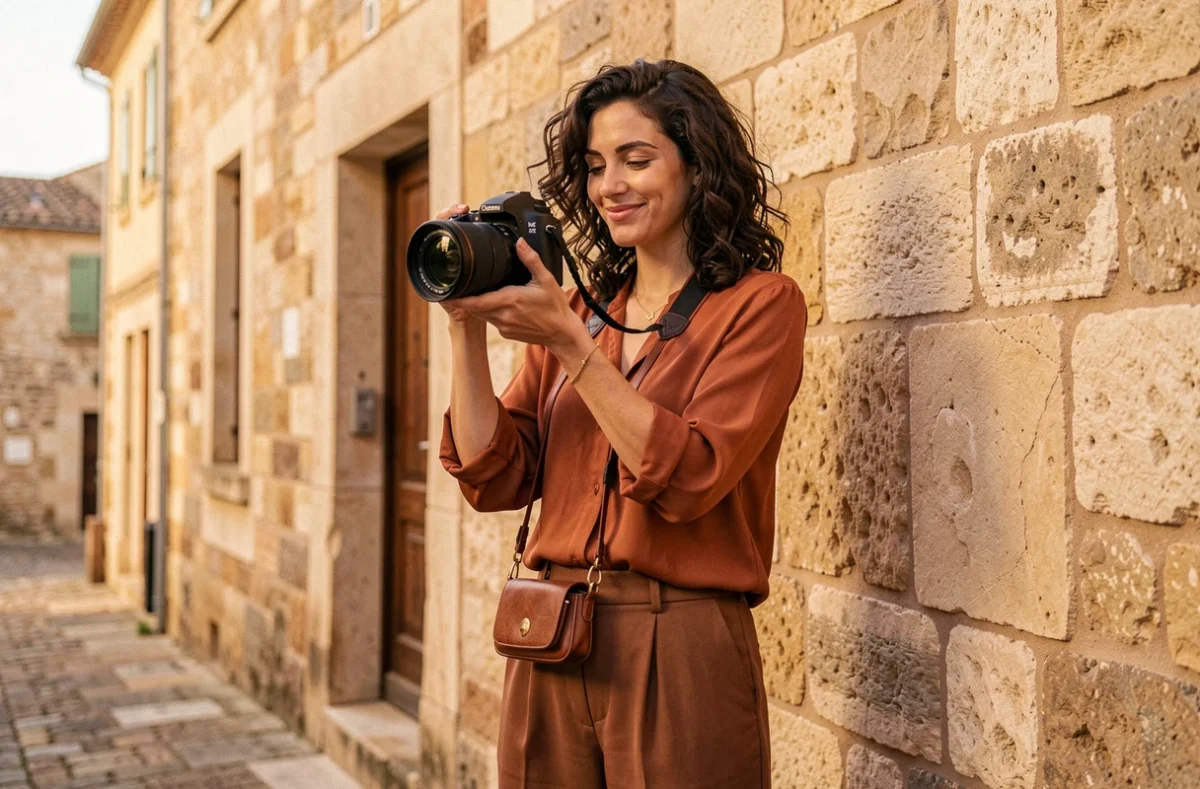 Charlotte photographe portrait à Clermont-l'Hérault devant un mur en pierre calcaire typique du village