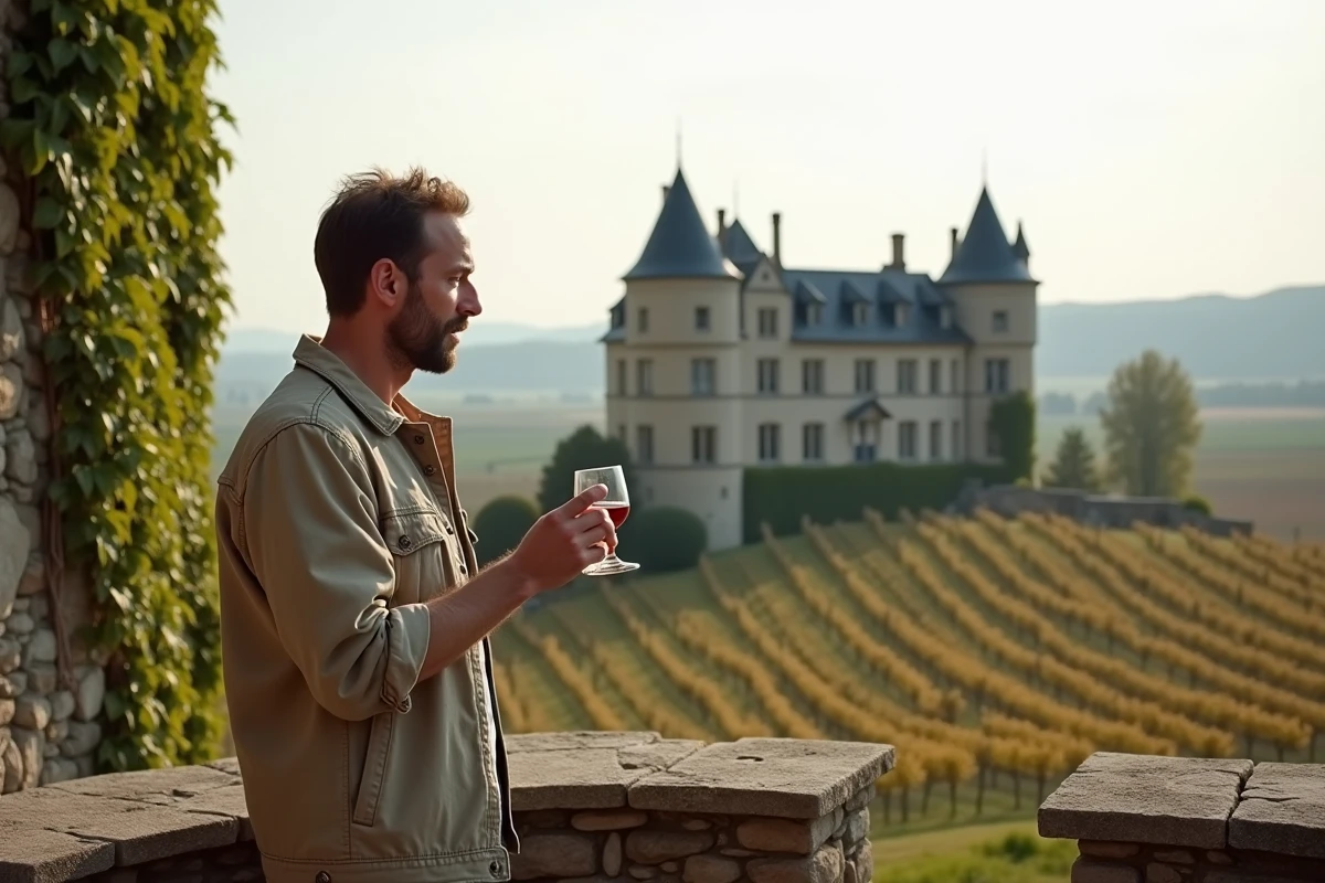 Homme dégustant de l'Armagnac sur la terrasse d'un château viticole en Gascogne entouré de vignes