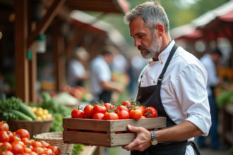 Chef au marché sélectionnant des tomates mûres