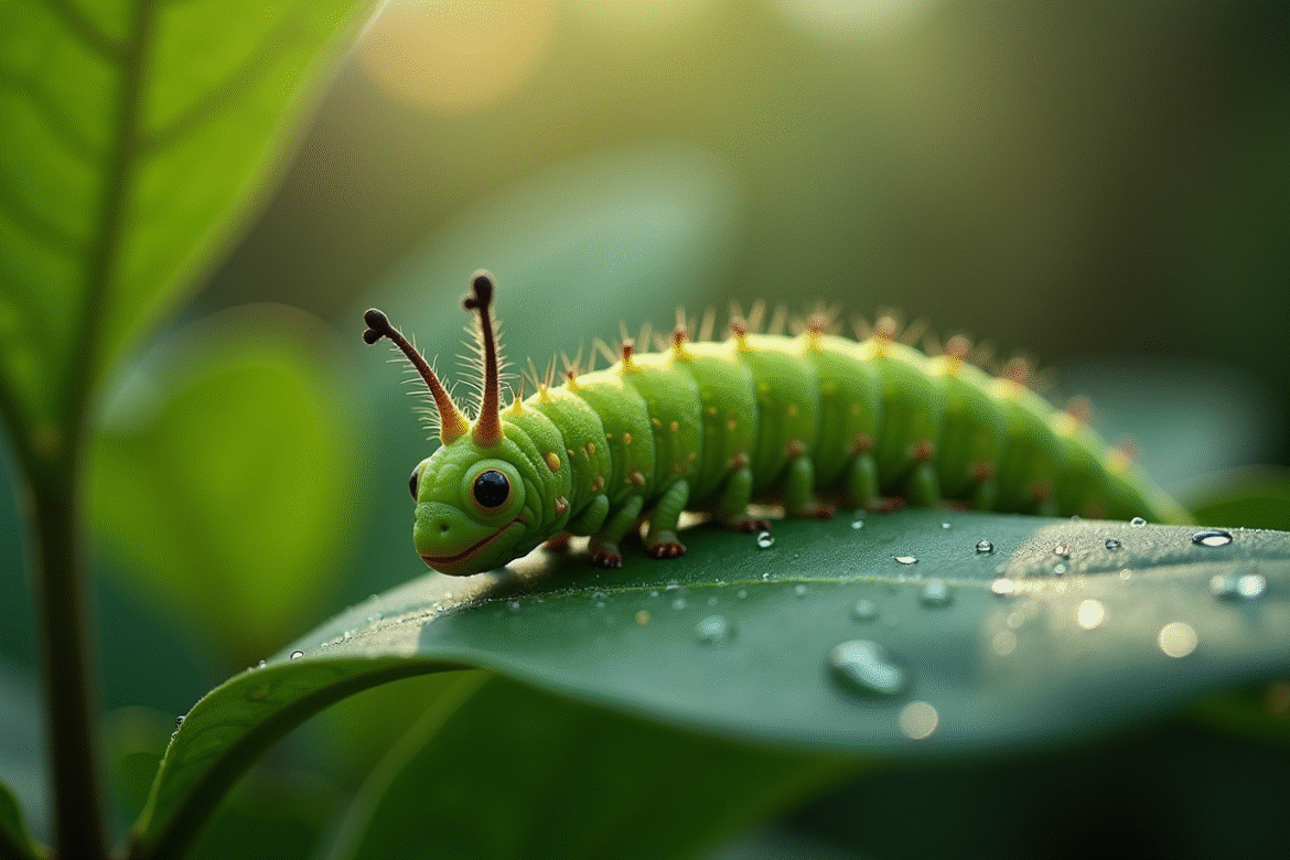 Chenille sphinx sur une feuille verte en gros plan