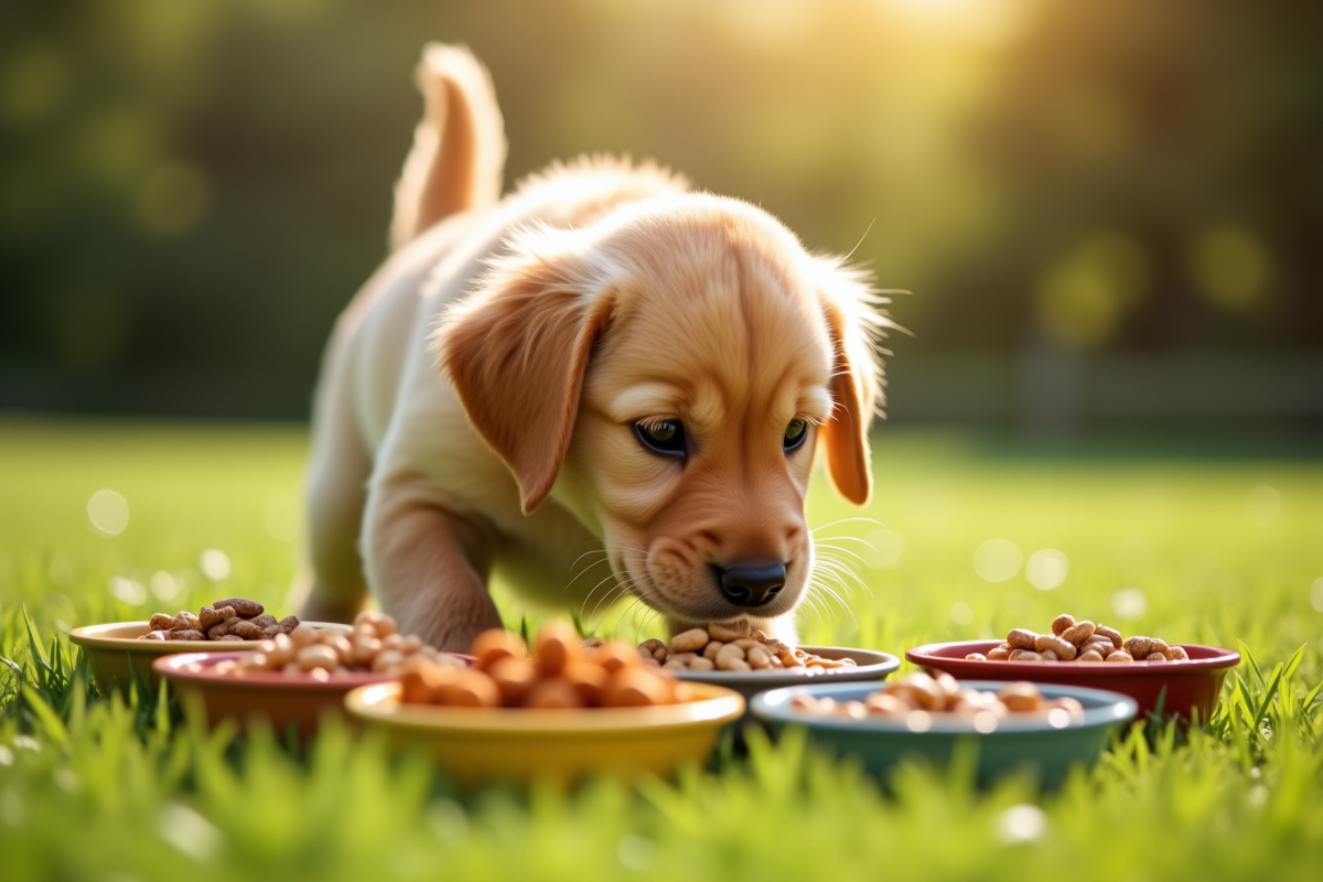 Chiot golden retriever dans le jardin avec nourriture