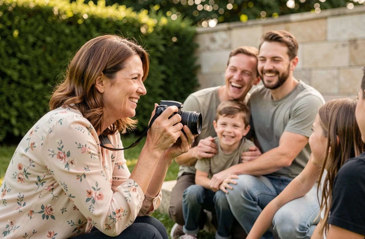 Christelle Labrande photographiant un portrait de famille avec émotion dans un jardin ensoleillé