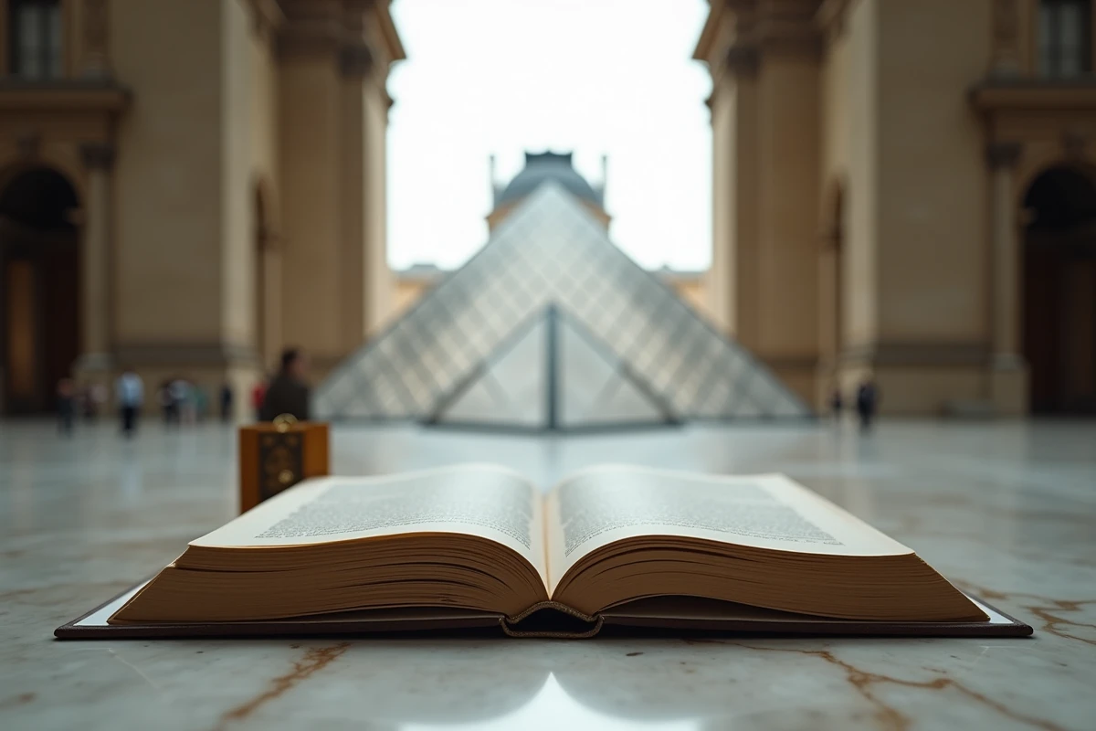 Le Code Da Vinci de Dan Brown ouvert sur un sol en marbre avec un cryptex et une reproduction de l'Homme de Vitruve