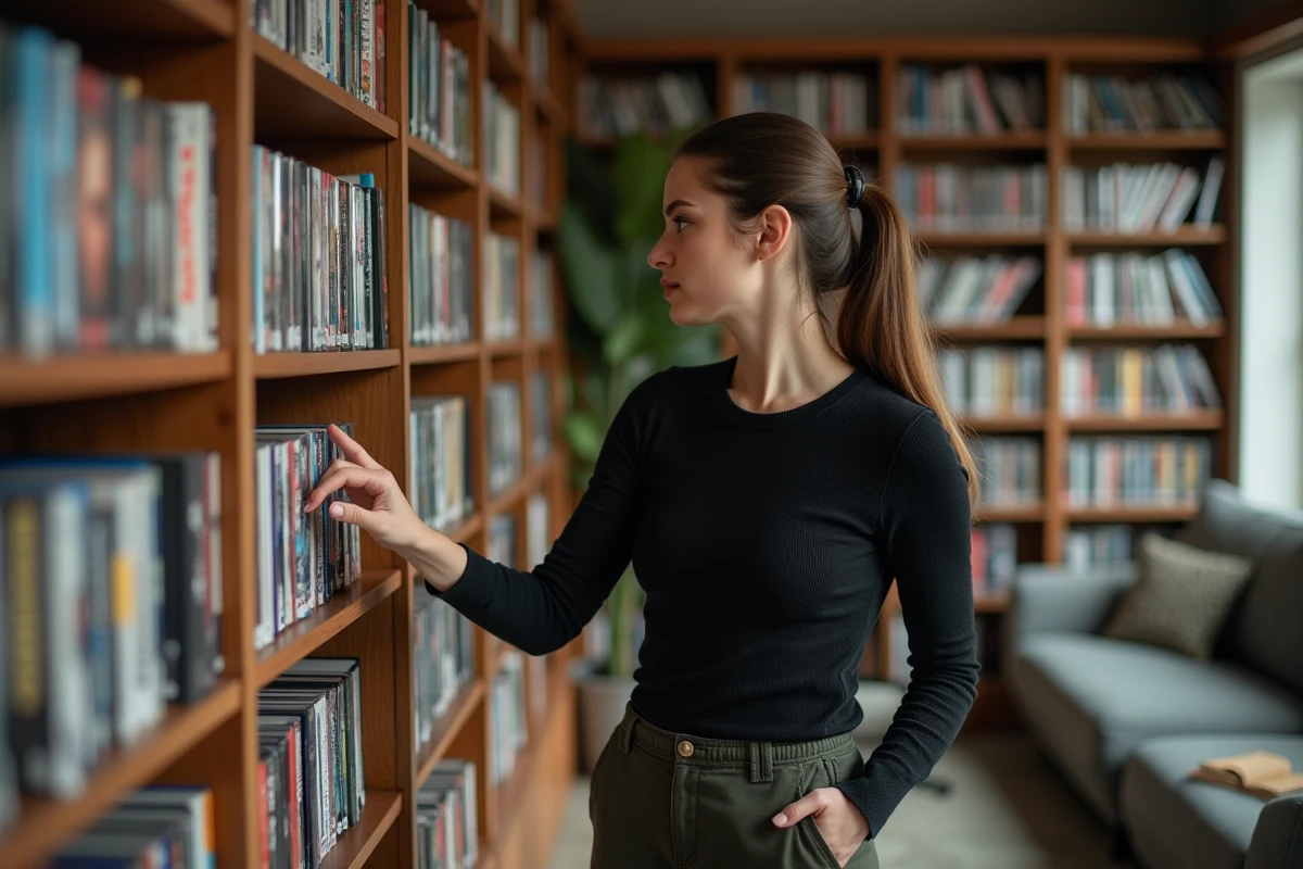 Femme explorant une collection de films et jeux Resident Evil sur une grande étagère de bibliothèque