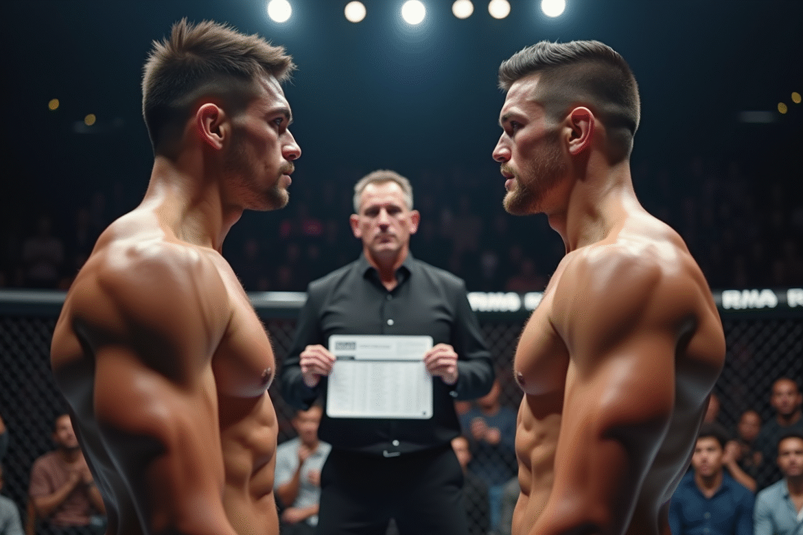 Deux combattants de MMA face à face dans l'octogone bien éclairé