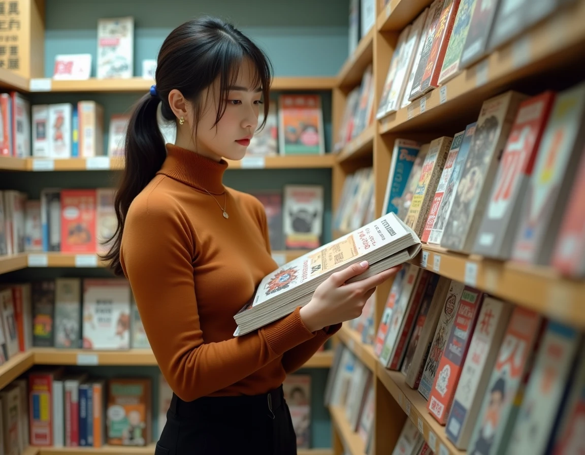 Jeune femme en librairie comparant des tomes reliés de manga One Piece dans un rayon bien organisé