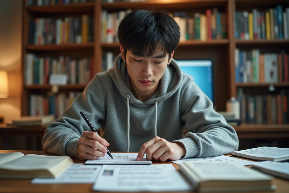 Jeune homme comparant les versions webtoon, roman et raw du manga SSS-Ranked Goblin à son bureau