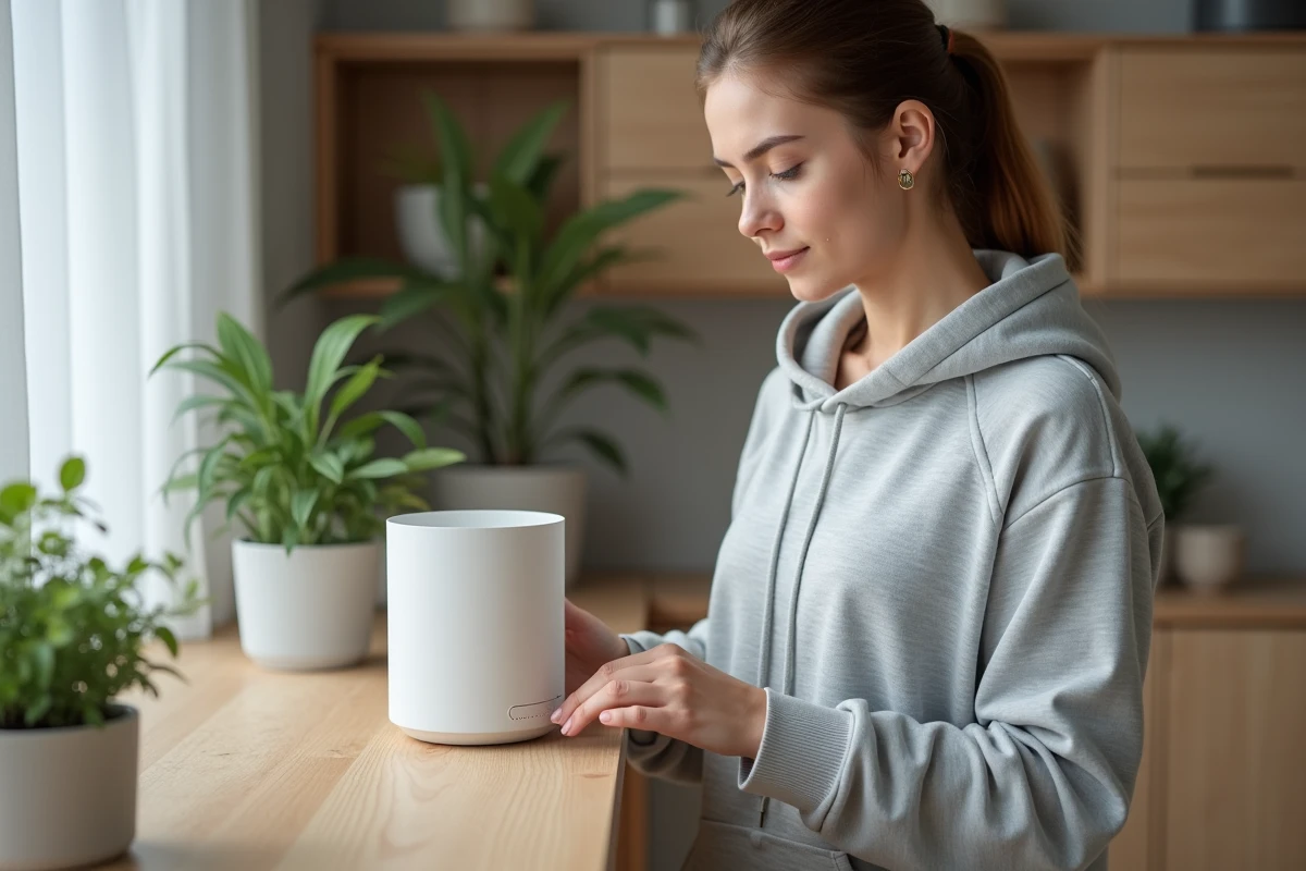 Femme configurant une enceinte connectée pour écouter Skyrock dans un salon moderne