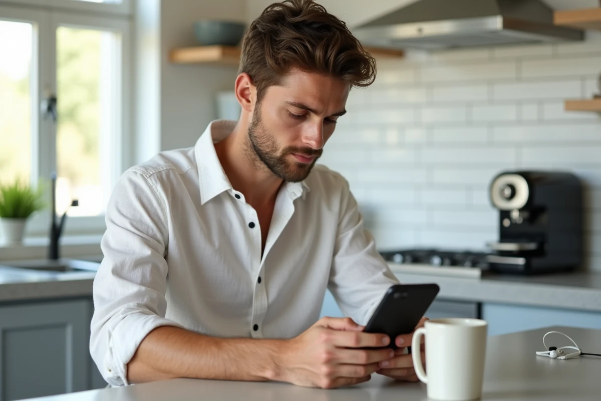 Jeune homme configurant Skyrock sur son application smartphone dans une cuisine moderne