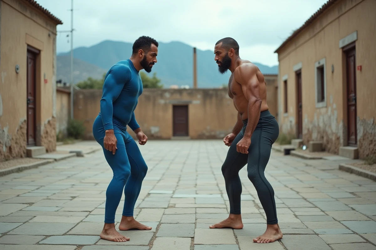 Deux combattants s'affrontent dans une cour d'entraînement extérieure, symbolisant le choc des forces entre l'univers 7 et un guerrier d'élite comme Hit