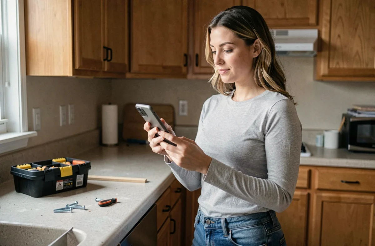 Femme cherchant à contacter lelabdubricoleur via son smartphone dans une cuisine