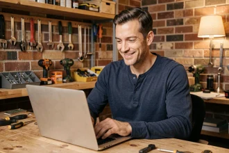 Homme bricoleur contactant lelabdubricoleur depuis son bureau avec un ordinateur portable
