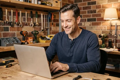 Homme bricoleur contactant lelabdubricoleur depuis son bureau avec un ordinateur portable