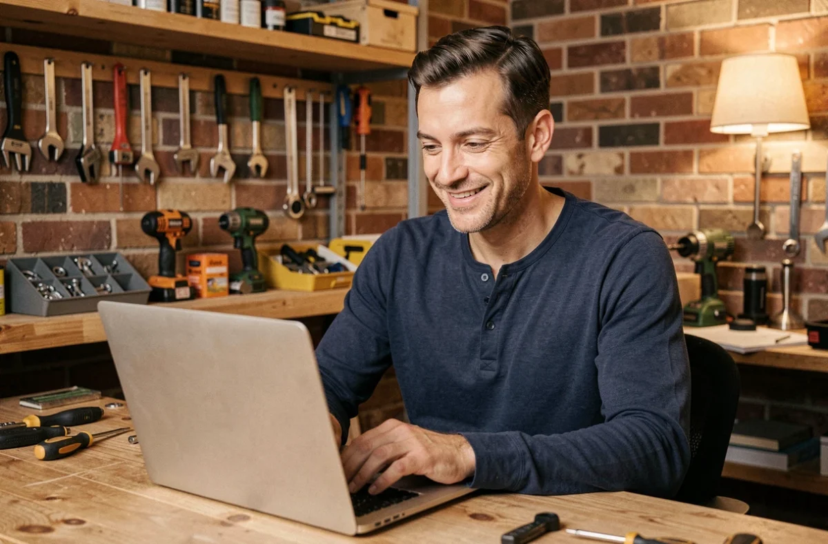 Homme bricoleur contactant lelabdubricoleur depuis son bureau avec un ordinateur portable